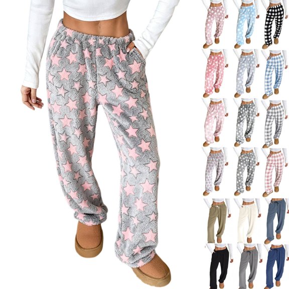 Cozy Star Flannel Pajama Pants Womens Soft Plush Wide Leg Uncuffed Elastic Waist Cute Lounge PJ Bottoms Pockets Light pink S-2XL