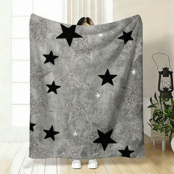 A Cozy Starry Sky Blanket with Soft High-Definition in And Gray, Featuring a Geometric Star Design. It'S a Cooling Blanket Suitable for Year-Round Use! Made from 100 Soft And Breathable Polyester