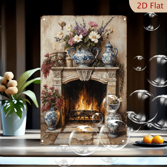 Cozy Stone Fireplace with Blue & White Porcelain Vases and Colorful Flowers, Traditional European Home Decor Wall Art Print, 8x12 Inches Metal Tin Sign