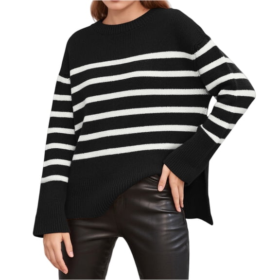 Cozy Striped Loose Pullover Sweater with Side Slits, Crewneck Long Sleeve Casual Top Black