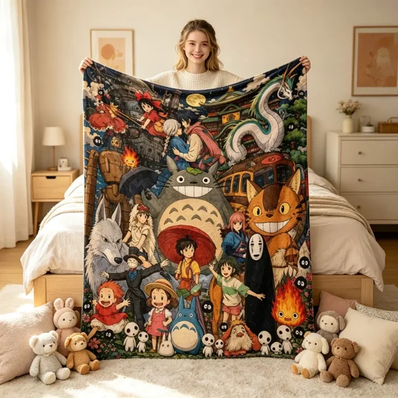 Cozy Studio Ghibli Watercolor Art Graphic Cartoon Throw Blanket Vintage Starry Night Print Miyazaki Fan Gift Bedroom Bedding Decorative Home Textile for Daughters