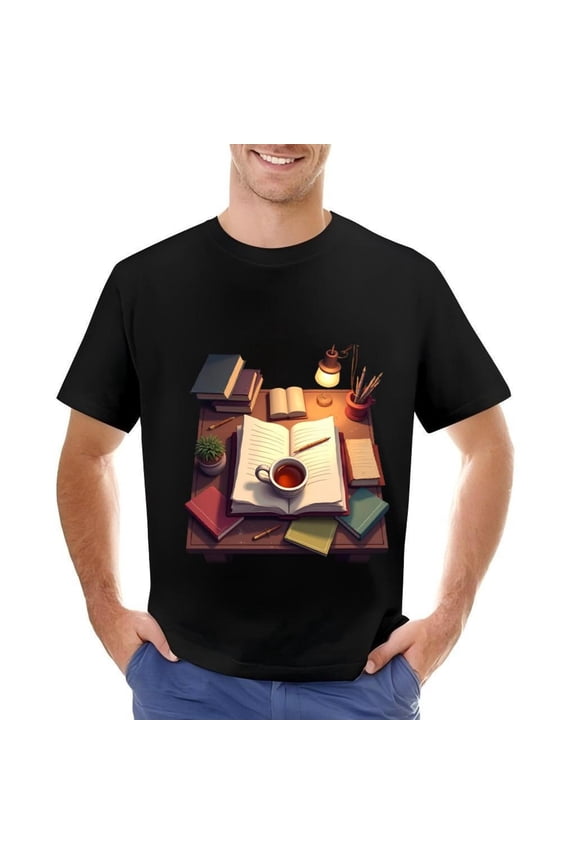 Cozy Study Scene Cotton Short Sleeve T-Shirt for Men - Warm Desk Books Tea & Pencils Design