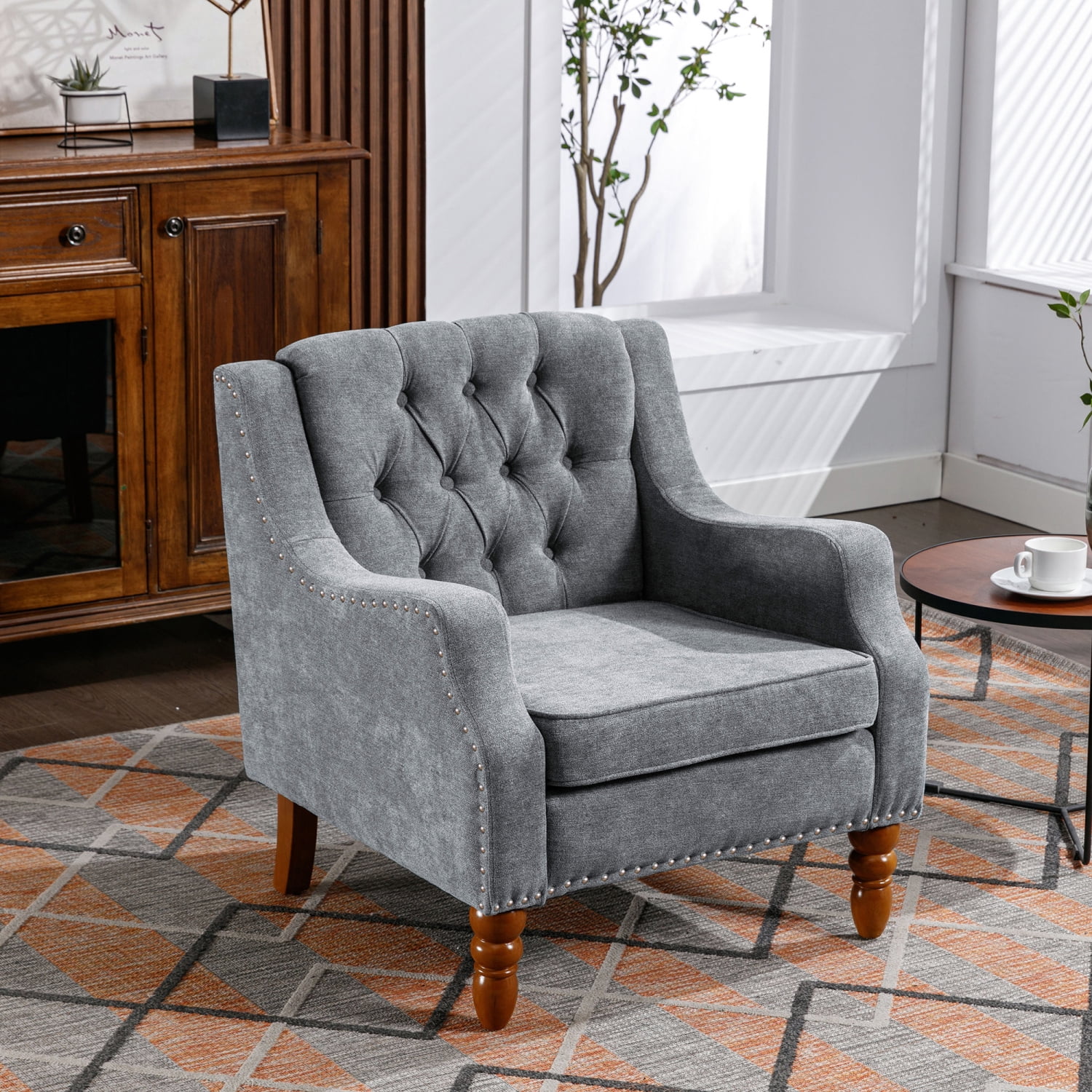 Cozy and Stylish Blue Upholstered Living Room Chair Set featuring Vintage Brass Studs and Button