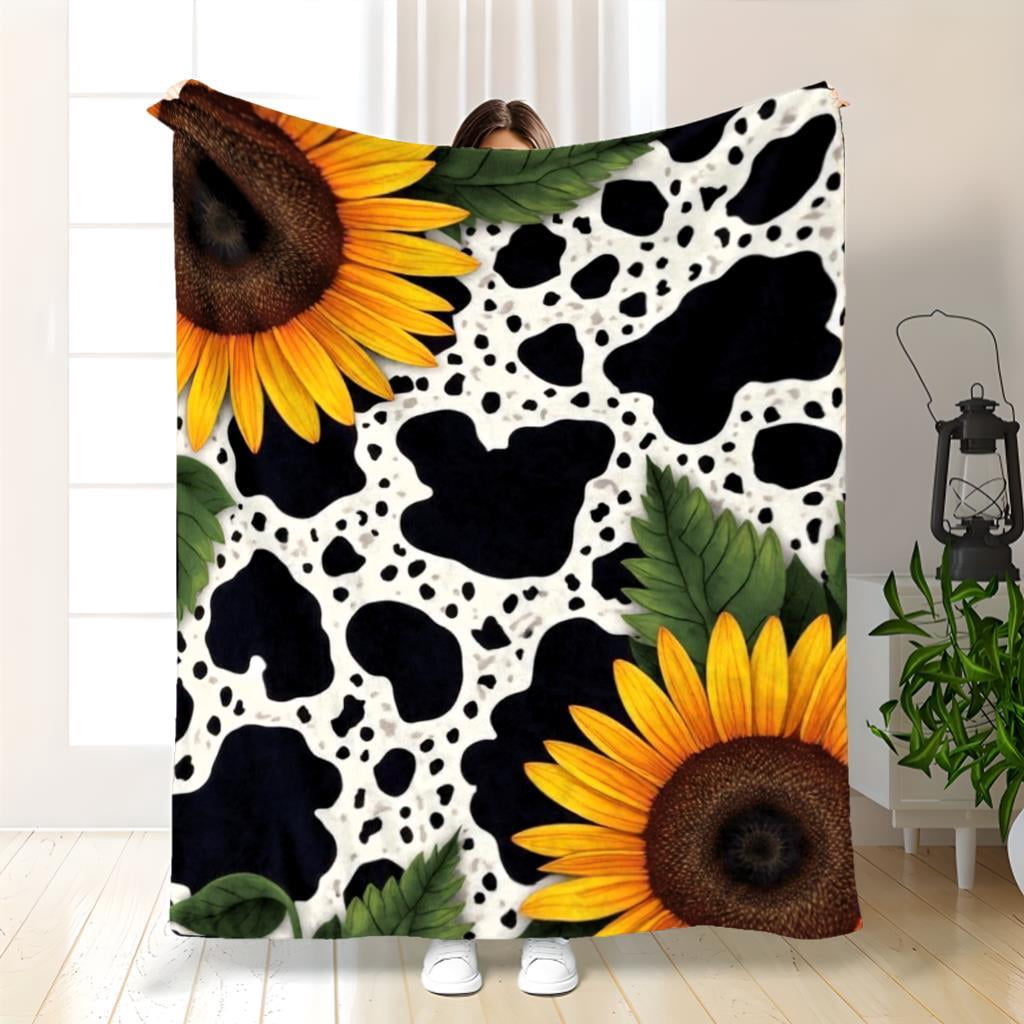 Cozy Sunflower Cow Print Flannel Throw Blanket, Black White Yellow, All ...