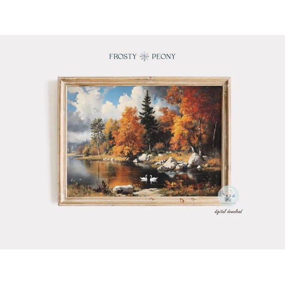Cozy Swans In Autumn Lake Art Print, Autumn Riverbank Landscape Wall Decor, Fall River Landscape Art, Wall Art, Modern Wall Decor, 8x12 UNFRAMED