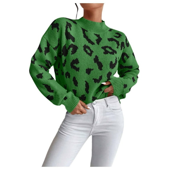 Cozy Sweaters For Women Casual Loose Fit Leopard Print Turtleneck Long Sleeve Stretch Pullover Jumper Top Comfortable Soft Fall Clothes