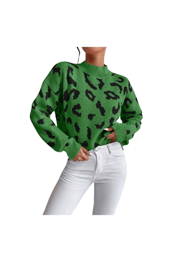 Cozy Sweaters For Women Casual Loose Fit Leopard Print Turtleneck Long Sleeve Stretch Pullover Jumper Top Comfortable Soft Fall Outfits