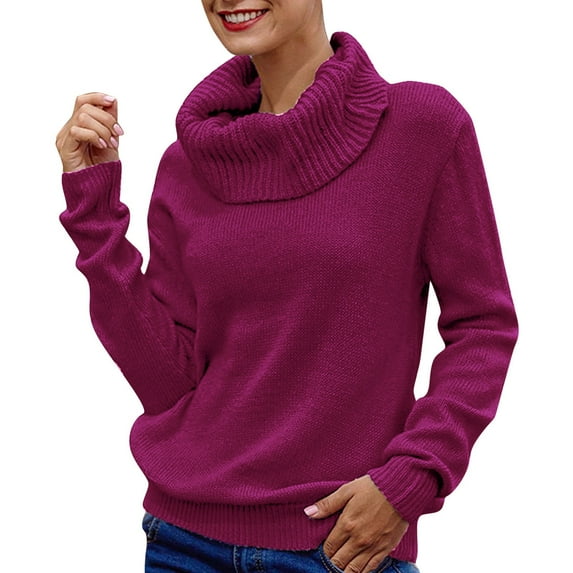 HOWPAY Cozy Sweaters for Women Casual Relaxed Fit Basic Solid Color Turtleneck Long Sleeve Stretch Pullover Jumper Top Comfortable Soft Fall Clothes Purple XXL