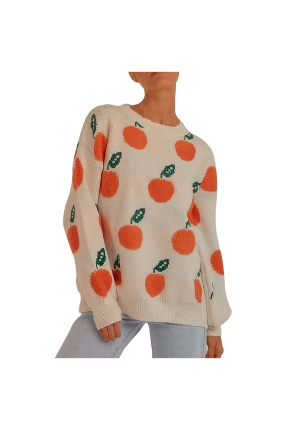 Cozy Sweaters For Women Casual Relaxed Fit Orange Pattern Long Sleeve Crew Neck Stretch Pullover Tops Comfortable Soft Fall Clothes