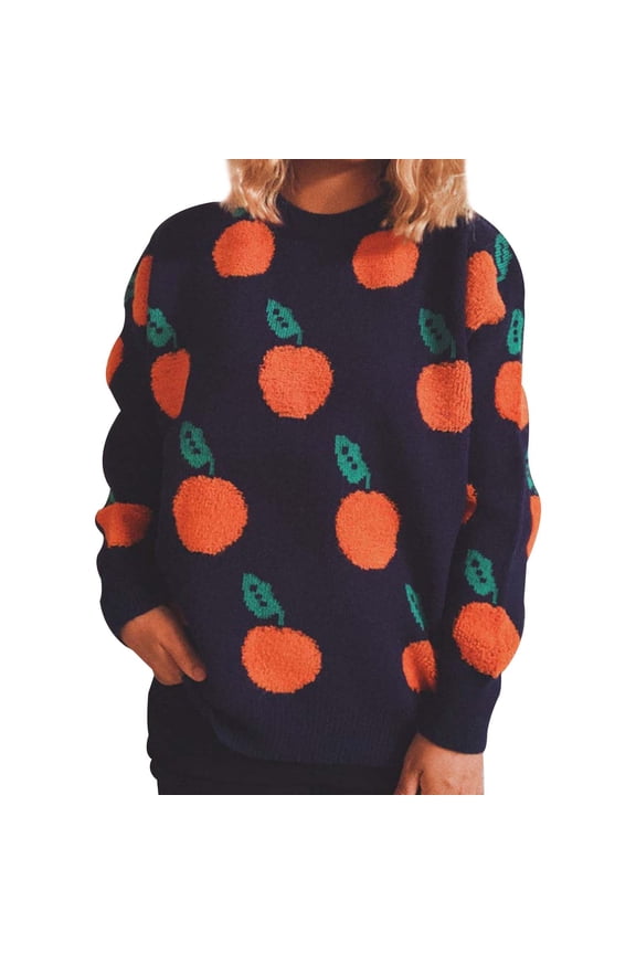 Cozy Sweaters For Women Casual Relaxed Fit Orange Pattern Long Sleeve Crew Neck Stretch Pullover Tops Comfortable Soft Fall Clothes Navy L