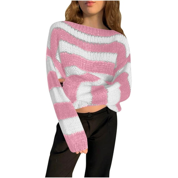 Cozy Sweaters For Women Sevevn Womens Oversized Lightweight Cute Striped Cropped Sweater Spring 2025 Knitted Crew Neck Crop Pullover Tops