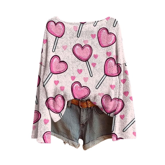 Cozy Sweaters for Women Valentine's Day Heart Print Knit Sweater Women Crewneck Long Sleeve Warm Comfortable Textured Ribbed Pullover Fall Sweater Pink L