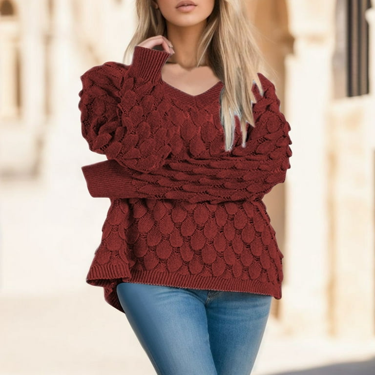 Cozy Sweaters for Women Warm Sweaters for Women Fall Sweaters Graphic Sweater Womens Work Clothes Womens SweatersWomen s Knitted Feather Hollow Out V Neck Long Sleeve Sweater With 3D EfRedL Walmart ...