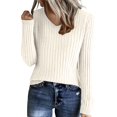 thumbnail image 1 of Cozy Sweaters for Women Casual Long Sleeve Loose V-Neck Knit Solid Color Pullover Tops Beige One Size, 1 of 6