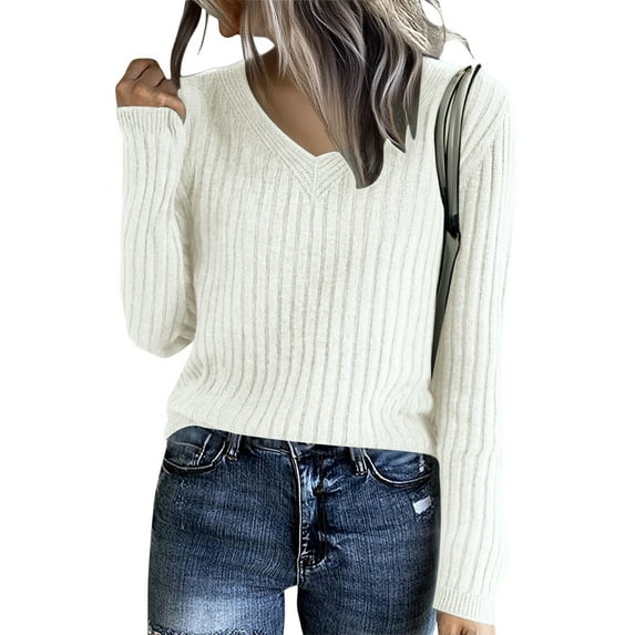 Cozy Sweaters for Women Casual Long Sleeve Loose V-Neck Knit Solid Color Pullover Tops White One Size