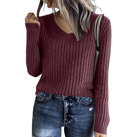 Cozy Sweaters for Women Casual Long Sleeve Loose V-Neck Knit Solid Color Pullover Tops Wine One Size