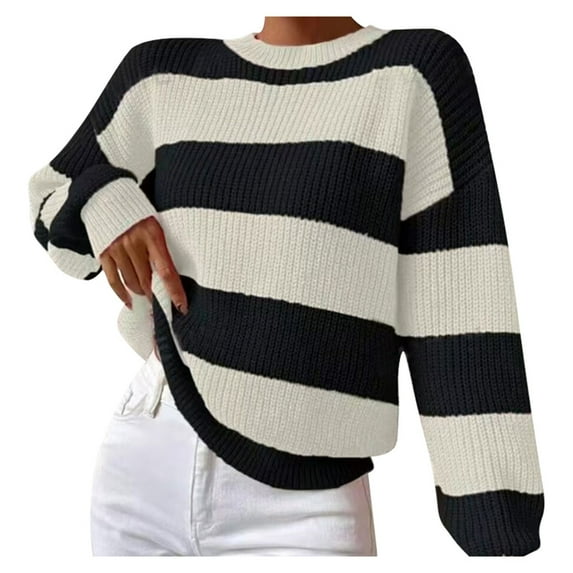 Cozy Sweaters for Women Casual Relaxed Fit Patchwork Striped Crew Neck Long Sleeve Stretch Pullover Jumper Top Comfortable Soft Fall Clothes