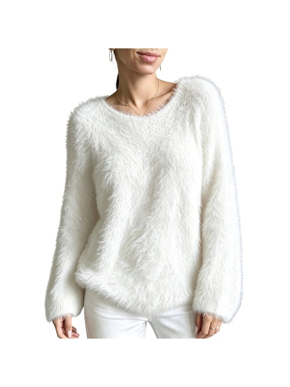 Cozy Sweaters for Women Fuzzy Round Neck Long Sleeve Loose Fluffy Knit Pullover Sweater Soft Warm for Fall Winter Lounging