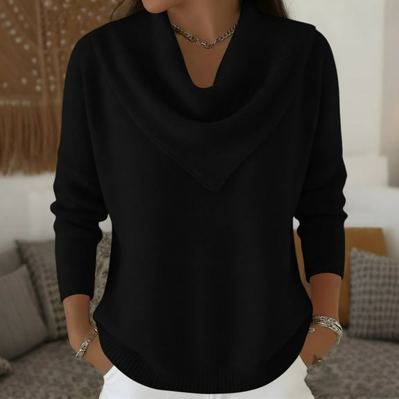 Cozy Sweaters for Women Knit Fall Winter Clothes Casual Loose Pullover Fashion Cowl Neck Long Sleeve Trendy Tops Black M