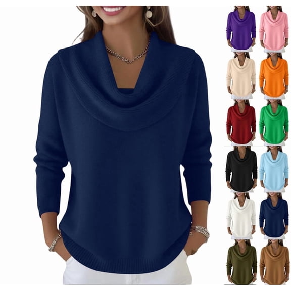 Cozy Sweaters for Women Knit Fall Winter Clothes Casual Loose Pullover Fashion Cowl Neck Long Sleeve Trendy Tops Dark Blue L
