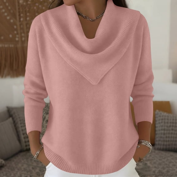 Cozy Sweaters for Women Knit Fall Winter Clothes Casual Loose Pullover Fashion Cowl Neck Long Sleeve Trendy Tops Pink XL