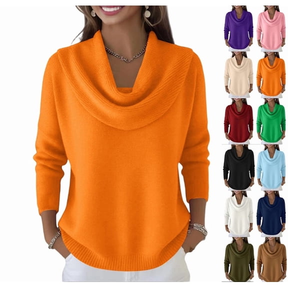 Cozy Sweaters for Women Knit Fall Winter Clothes Casual Loose Pullover Fashion Cowl Neck Long Sleeve Trendy Tops Saffron XL