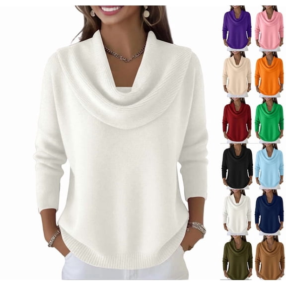 Cozy Sweaters for Women Knit Fall Winter Clothes Casual Loose Pullover Fashion Cowl Neck Long Sleeve Trendy Tops White L