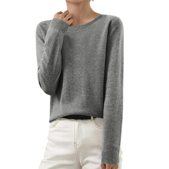Cozy Sweaters for Women Long-Sleeve Lightweight Crewneck Sweater Light Gray 2XL
