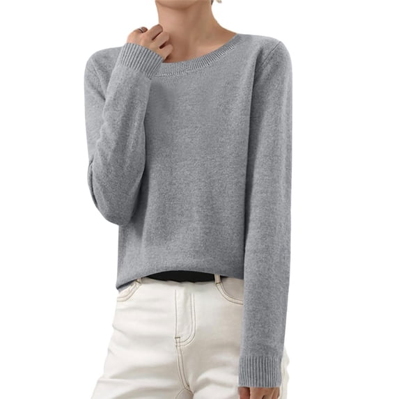 Cozy Sweaters for Women Long Sleeve Soft Lightweight Basic Knitted Pullover Sweater Gray M