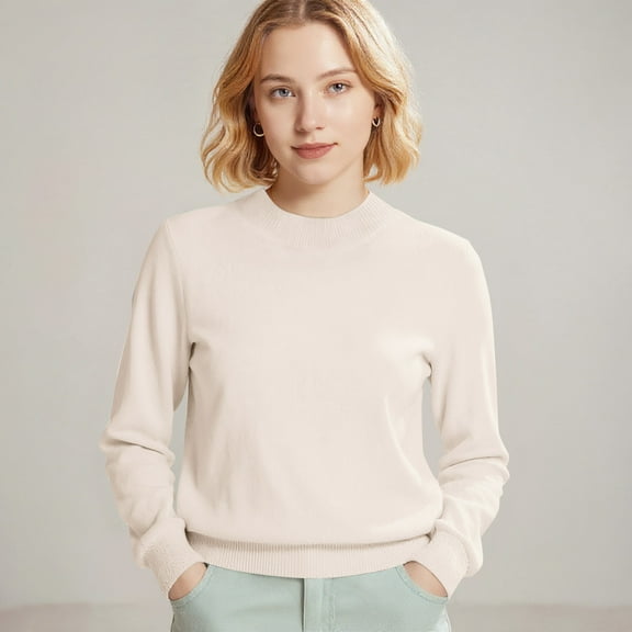 Cozy Sweaters for Women Soft Cable Long-Sleeve Crewneck Tops Beige M