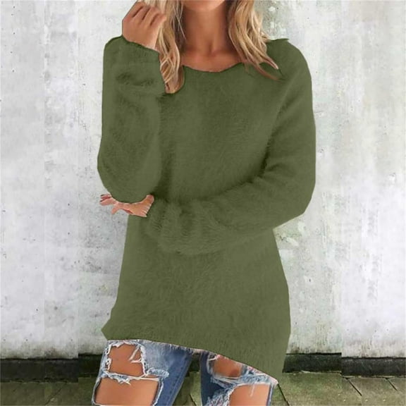 Cozy Sweaters for Women Trendy Fuzzy Knit Sweater Tops Long Sleeve Crewneck Casual Pullover Army Green M
