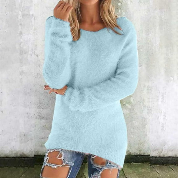 Cozy Sweaters for Women Trendy Fuzzy Knit Sweater Tops Long Sleeve Crewneck Casual Pullover Sky Blue L