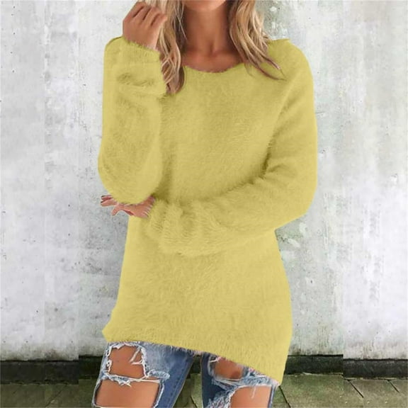 Cozy Sweaters for Women Trendy Fuzzy Knit Sweater Tops Long Sleeve Crewneck Casual Pullover Yellow M
