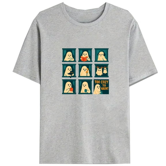 Cozy T-Shirt with 'Too Cozy To Haunt' Slogan & Relaxing Ghost Graphic Tee，Interesting design，Causal，cotton，gray，S-3XL