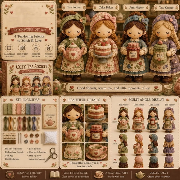Cozy Tea Society Patchwork DIY Kit, 4 Tea-Loving Girls Felt Embroidery Craft Set, All-Inclusive Sewing Kit with Instructions, Beginner Friendly for Craft Nights & Home Decor Gift
