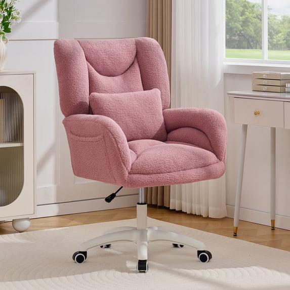 Cozy Teddy Desk Chair with Wheels, SESSLIFE Pink Home Office Chair with High Back and Lumbar Pillow, Adjustable Swivel Computer Chair Home Office, Study, Vanity Room, Bedroom
