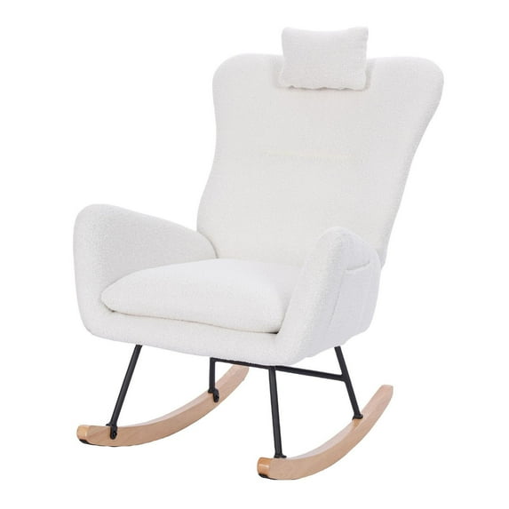 Cozy Teddy Upholstered Nursery Rocking Chair in Soft Fabric Ergonomic Design with Easy Assembly for Comfort
