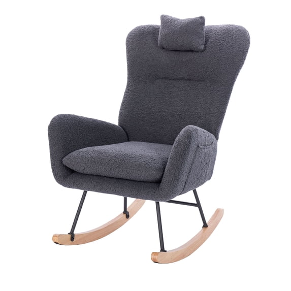 Cozy Teddy Upholstered Nursery Rocking Chair in Soft Fabric Ergonomic Design with Easy Assembly for Comfort