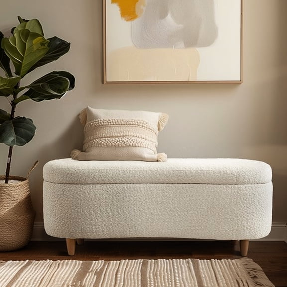 Cozy Textural Cream Flip Top Storage Bench With Solid Wood Legs Soft Upholstered For Bedroom Use