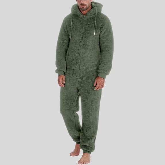 Cozy Thermal Jumpsuit for Everyday Casual Wear with Zip Front Lined Comfort and Relaxed Fit Nighttime Pajama Piece, Dark Green, XL