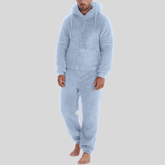 Cozy Thermal Jumpsuit for Everyday Casual Wear with Zip Front Lined Comfort and Relaxed Fit Nighttime Pajama Piece, Light Blue, XXXXXL