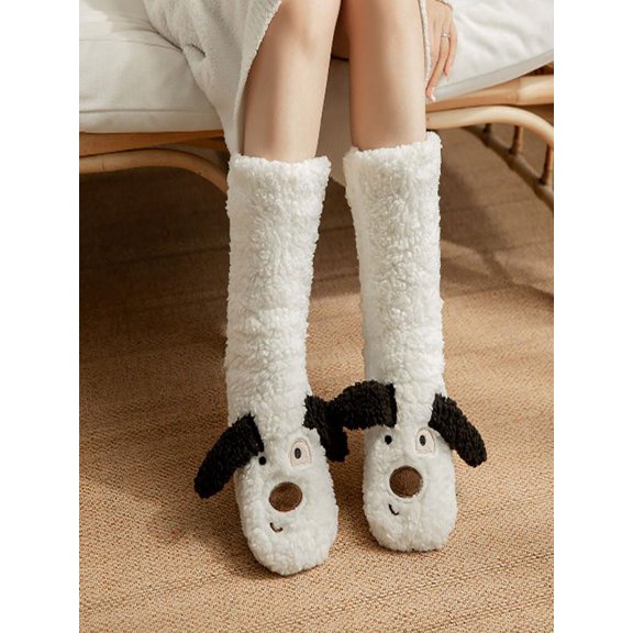 Cozy Thick Coral Fleece Non-Slip Slipper Socks for Women Cute Puppy Plush Fuzzy Warm Thermal Boot Socks for Winter, Indoor Floor Comfort, Machine Washable (White)