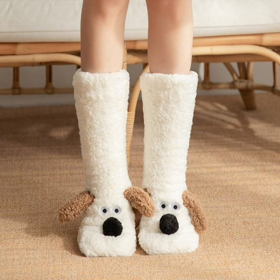 Cozy Thick Coral Non- Slipper Socks for Women Cute Puppy Plush Fuzzy Warm Thermal Socks (White One Size)