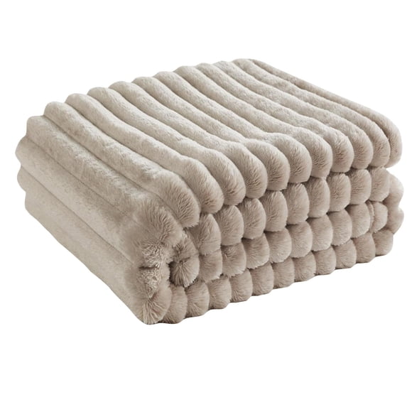 Cozy Throw Blanket, 70X100 In, Faux, Decorative Blanket, Ribbed Texture, Indoor Relaxation, Warm Neutral Tone, 1 Pc