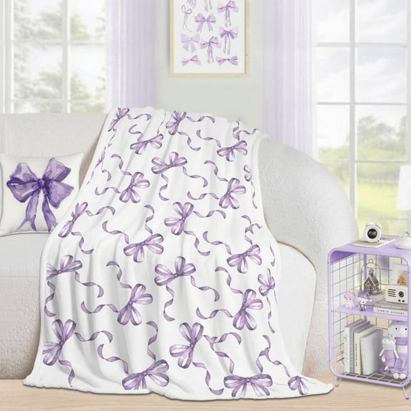 [Cozy Throw Blanket] Soft Lightweight 1pc Charming Purple Bowknot Flannel Throw Blanket | 50x40 Inch, Knit with Cute Bow Pattern, All-Season White Fantasy Theme Decor for Spring & Snuggling