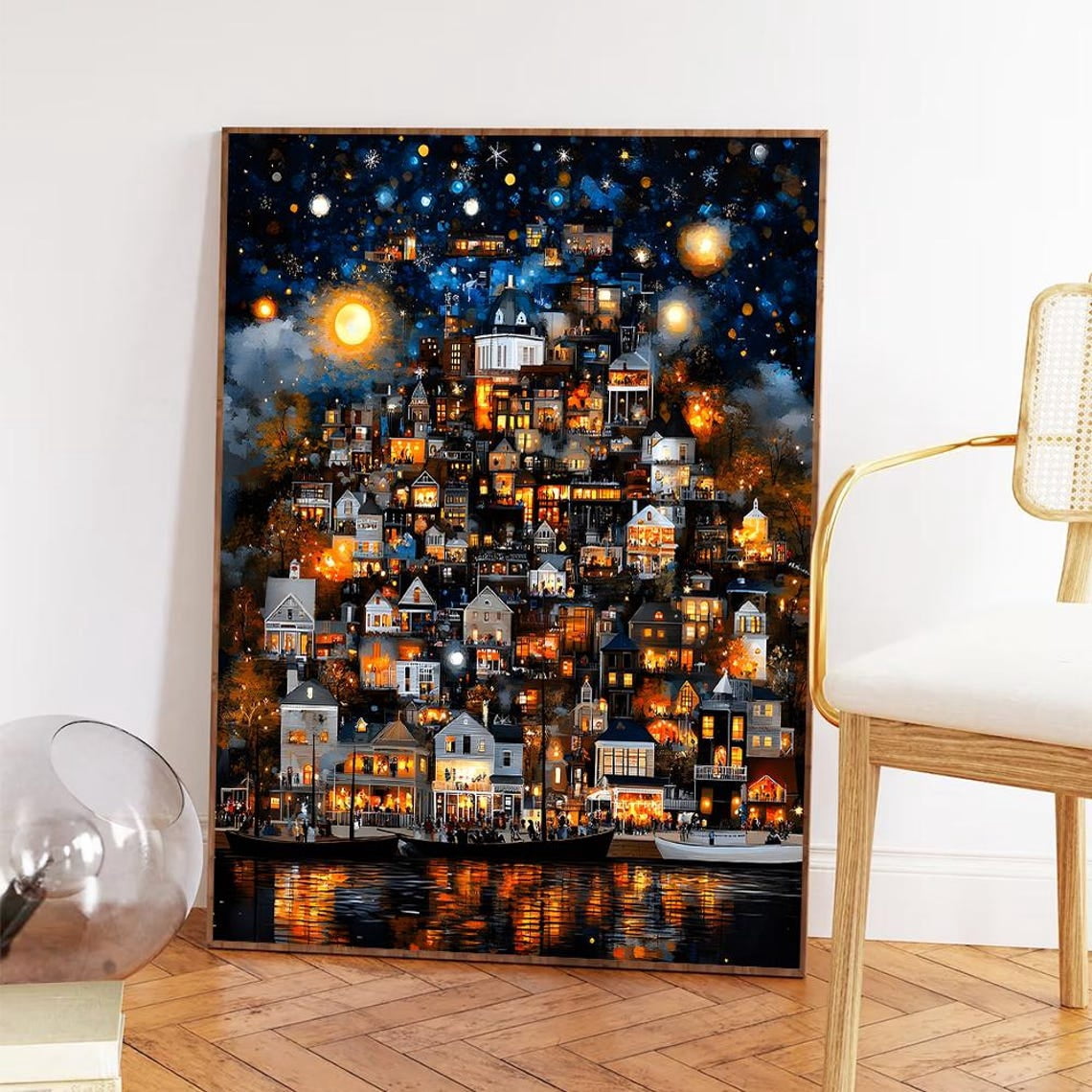 Cozy Town At Night Art Starry Hillside Village Poster Home Decor ...