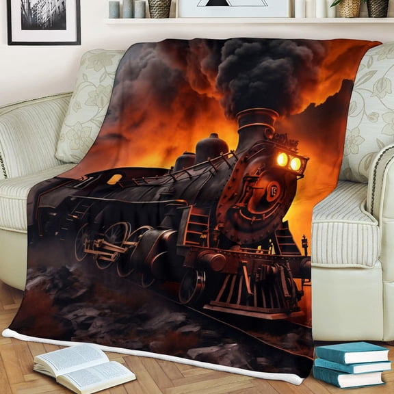 Cozy Train Blanket All Over Print, Railway Locomotive Theme Throw for Bed Couch Sofa, Warm Travel Camping Cover, Unique Gift Idea for Train Lovers