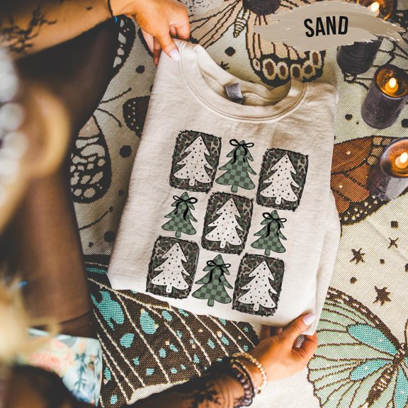 Cozy Tree Sweatshirt – Festive Winter Top with Green Plaid & Leopard Pattern Trees All Size S-5Xl
