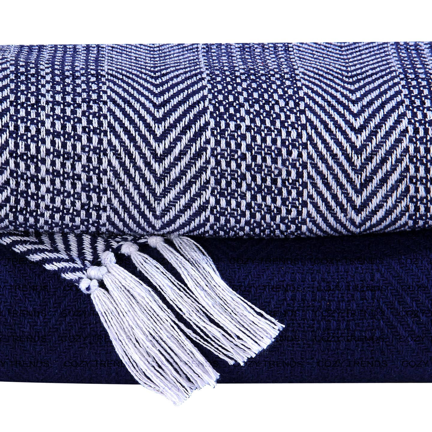 Cozy Trends Adult 100 Cotton Herringbone & Solid Navy Blue Throw