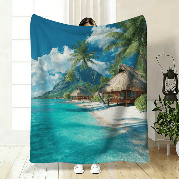 A Cozy Tropical Beach-Themed Flannel Blanket with Soft High-Definition Digital Printing, Soft and Warm, Ideal for Travel, Camping, Sofa, Livingroom, Couch, Chair, Bed, Gift for Family or Friends.